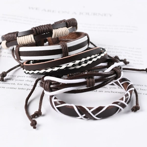 Five-piece set of men's vintage multilayer braided leather bracelets in dark brown and beige
