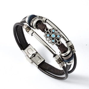 Vintage Multilayer Men Leather Bracelet With Artificial Turquoise Flower Accent Retro Punk Stainless Steel Clasp Jewelry