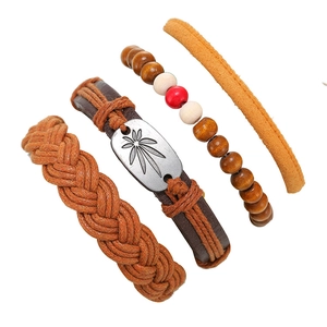 Bohemian four-piece men's leather bracelet set with leaf metal plate and wooden beads