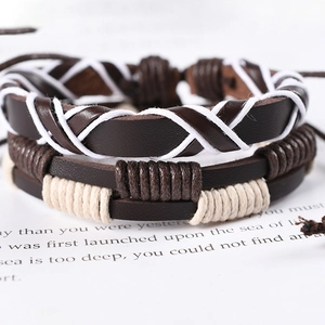 Punk style multilayer brown leather braided bracelet with white cotton cord wrap