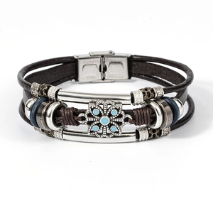 Men's retro leather bracelet with turquoise floral charm and stainless steel clasp