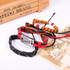 Retro multilayer leather bracelet set for men featuring wood beads and Love alloy plate