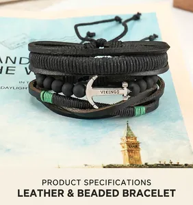 Detail of multi-layer leather bracelet featuring a silver Viking anchor charm and beads