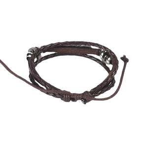 Vintage multilayer braided leather bracelet with wood beads and alloy feather charms