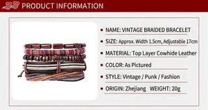 Detail of vintage layered braided leather bracelets with adjustable wooden beads and cords