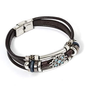 Vintage multilayer brown leather bracelet with turquoise floral charm and steel clasp