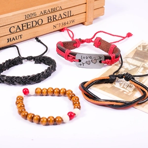 Retro multi-layer men's bracelet set with leather, wood beads and Love engraved charm