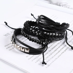 Punk multilayer black leather bracelet set with pyramid studs and beads for men