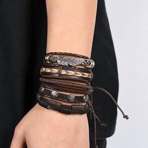 Multilayer vintage leather bracelet set with silver feather charm and star studs