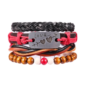 Men's multi-layer braided leather bracelet with Love alloy plate and wooden beads set