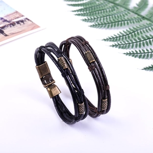 Bracelet multicouche en cuir de vachette tressé avec boucle en bronze pour hommes