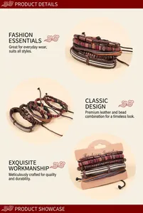 Detail view of handmade multilayer leather bracelets with wooden beads and ethnic weave