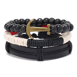 Nautical Retro Anchor Leather Bracelet Set For Men Women Braided Rope Bead Multi-Layer Vikings Charm Jewelry Gift
