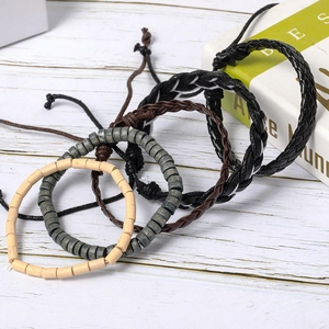 Retro punk style braided leather bracelet set with wooden beads and adjustable ropes