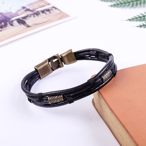 Bracelet multicouche en cuir de vachette pour homme avec boucle en bronze et perles rétro