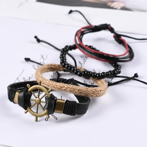 Ensemble de bracelets multicouches en cuir vintage avec ancre en bronze et corde