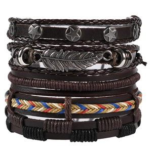 Multilayer leather bracelet set with retro feather pendant and metal star charms