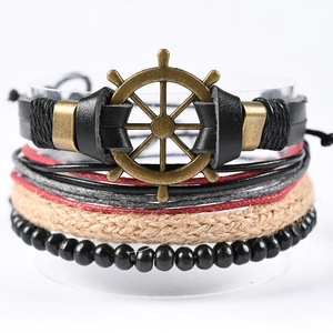 Bracelet nautique rétro multicouche avec ancre en bronze, lanières cuir et perles
