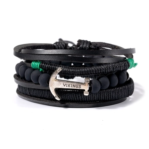 Retro Punk Multi-layer Cowhide Leather Bracelet For Men Women Alloy Anchor Vikings Charm Braided Cord Matte Bead Jewelry Gift