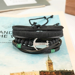 Multilayer leather bracelet with black beads and a silver-tone Viking anchor pendant