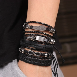 Men's multi-layer black leather bracelet set with wing and infinity metal charms