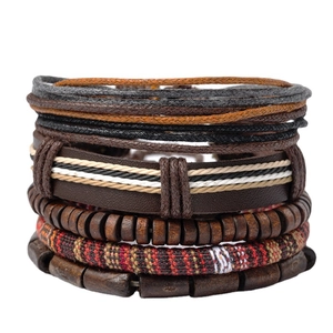 Retro Multilayer Leather Bracelet Set For Men Women Handmade Woven Wood Beads Wax Rope Bohemian Punk Style Adjustable Jewelry