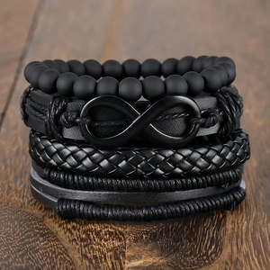 Bracelet en Cuir Fait Main pour Hommes Alliage Symbole de l'Infini Punk Rétro Noir Corde Tressée Perles Mattes Bijoux