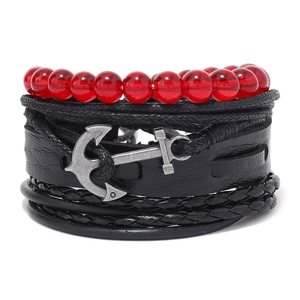 Bracciale in Pelle Multistrato da Uomo Vintage Ciondolo Ancora Nautica Corda Intrecciata Perline Rosse Gioielli Retrò Punk