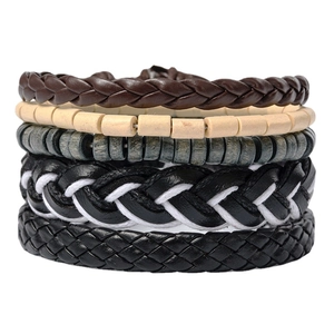 Vintage Punk Leather Wood Beaded Bracelet Set For Men Women Handmade Braided Multi-layer Wristband Ethnic Jewelry Accessory