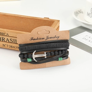 Multilayer leather nautical bracelet with silver anchor charm and black beaded cord