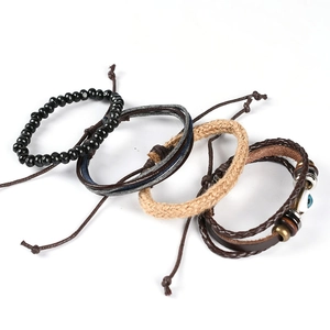 Vintage 4-piece multilayer leather bracelet set with evil eye charm and wooden beads