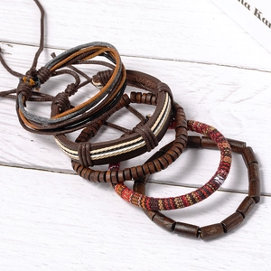 Multilayer vintage handmade leather bracelet set with wooden beads and woven cords
