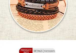 Detail of multi-layer leather bracelet with 'Believe' engraved plate and beaded strands