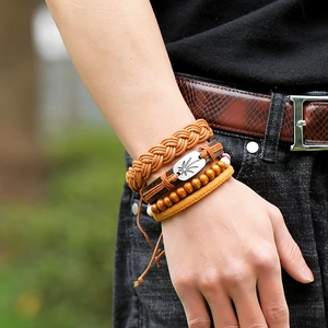 Men's multi-layer woven leather bracelet set with alloy leaf charm and wood beads