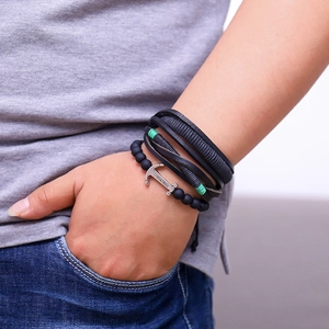 Men's multi-layer nautical anchor leather bracelet with beads and green accents