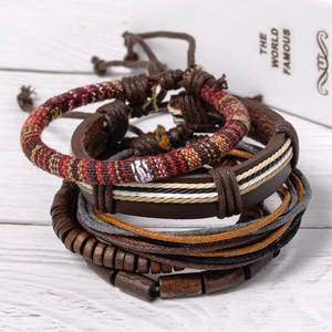 Handmade multilayer leather bracelet set with ethnic wooden beads and woven wax ropes