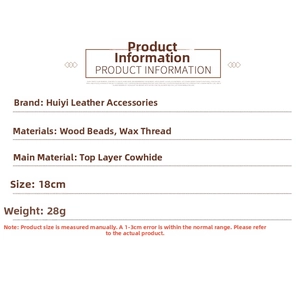 Detailed specs for leather dolphin bracelet made of cowhide, wood beads, and wax cord