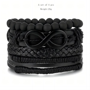 Lot de 4 bracelets en cuir noir minimalistes avec symbole infini et perles mates