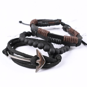 Three-piece men's bracelet set with anchor pendant, matte beads and leather braided ropes