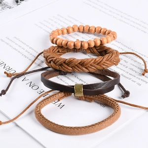 Lot de 4 bracelets vintage en cuir pour hommes avec perles en bois et cordes tressées