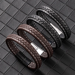 Bracelet Homme Vintage en Cuir PU Tressé Fermoir Magnétique en Alliage Multicouche Bijoux de Mode pour Hommes