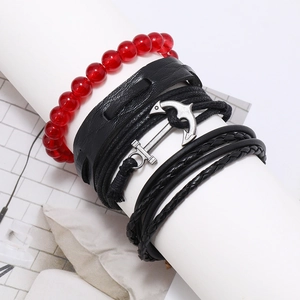 Bracciale multistrato da uomo in pelle stile navy con ciondolo ad ancora d'argento