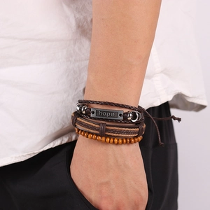 Three-piece bohemian genuine leather bracelet set with wooden beads and hope letter tag