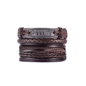 Multilayer leather bracelet with vintage silver feather charm in dark brown coffee tone