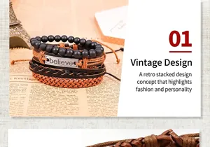Detail of multi-layer leather bracelet set with Believe metal plate and black beads
