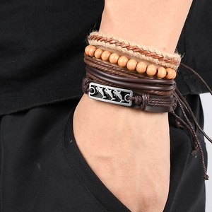 Brown leather multi-layer bracelet set with dolphin charm and wooden beads