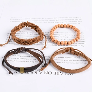 Lot de 4 bracelets rétro pour hommes en cuir tressé et perles de bois style bohème