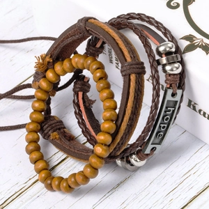 Three-piece leather wrap bracelet set with hope letter plate and brown wooden beads