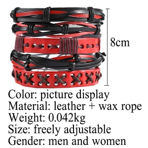 Detailed view of 5-piece handmade leather braided bracelet set with adjustable wax rope