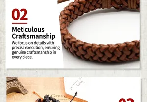 Detail of hand-woven brown leather bracelet and black beaded wristband with metal charm